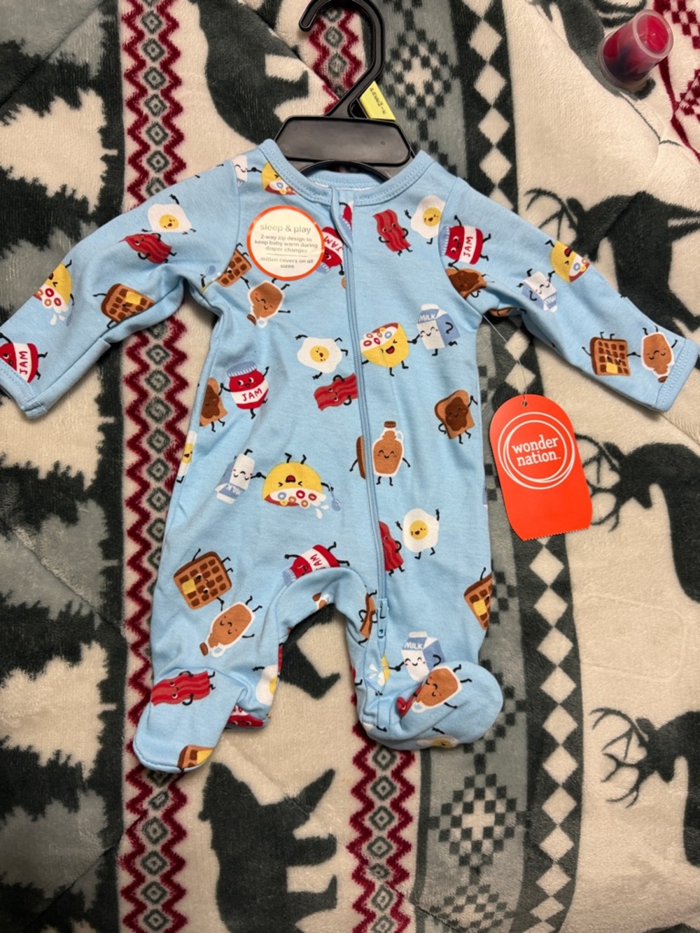 Wonder Nation Light Blue Baby One-Piece Footed Sleeper - Breakfast Characters